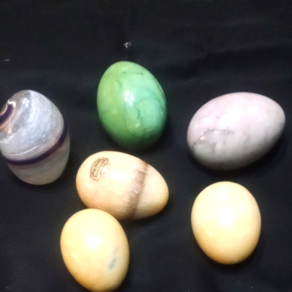 6 vintage marble and onyx   blue blown glass